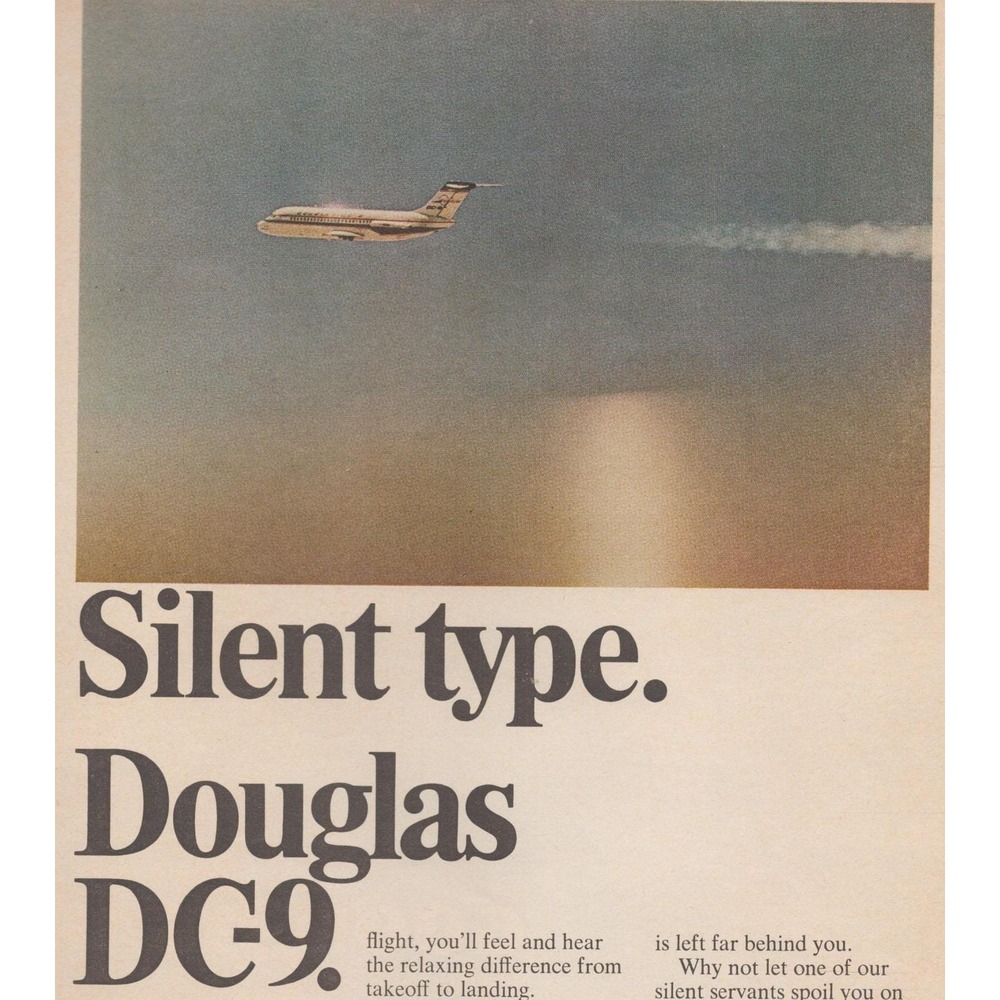 Vintage 1968 McDonnell Douglas Print Ad DC-9 Jetliner Silent Type Aviation